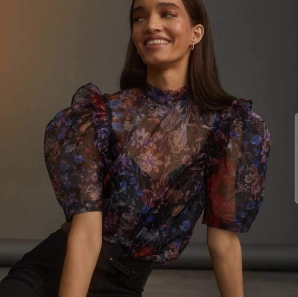 Anthro Maeve Floral Organza Puff Sleeve Top